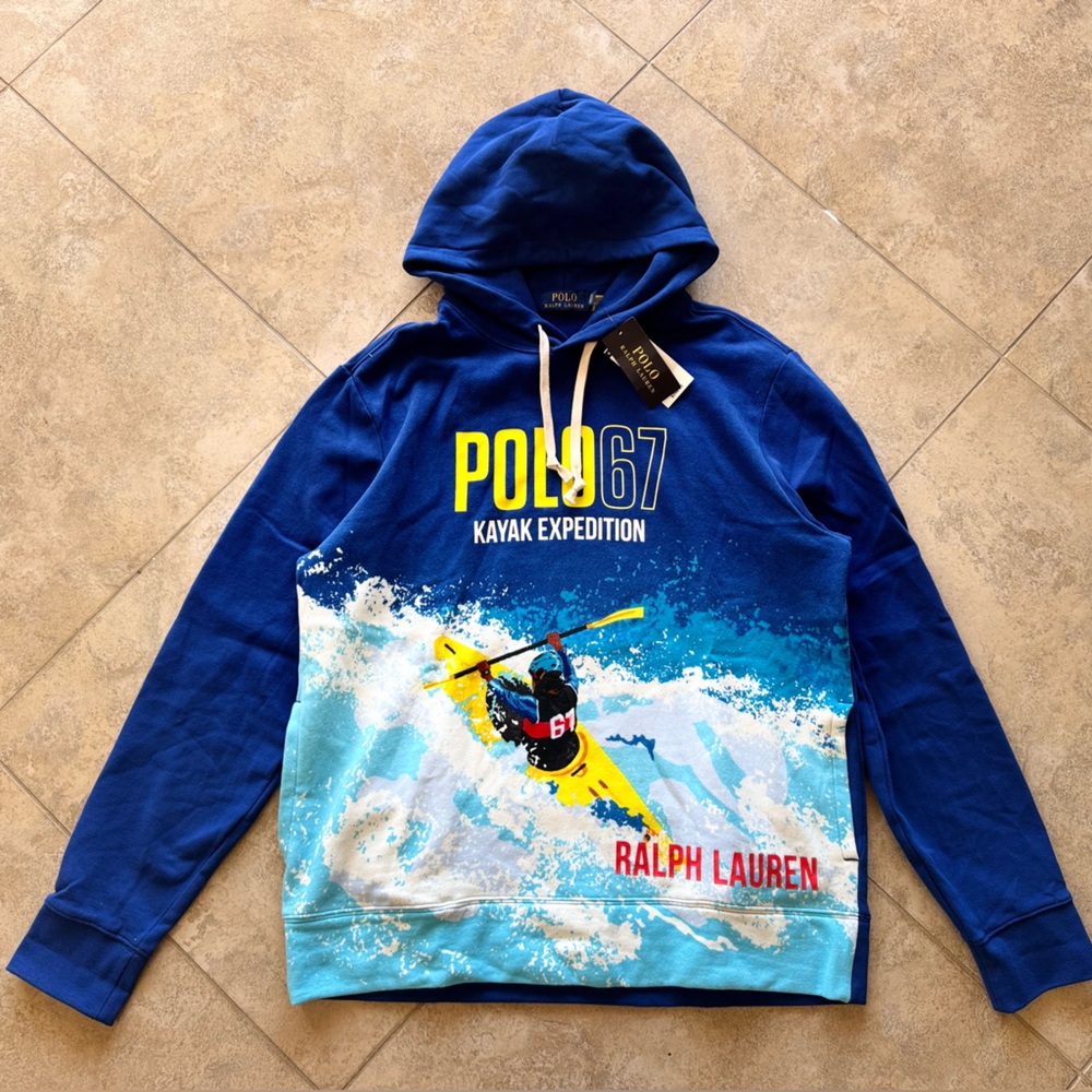 NWT POLO RALPH LAUREN Mens Blue Kayak Polo 67 Expedition Graphic Fleece Hoodie L